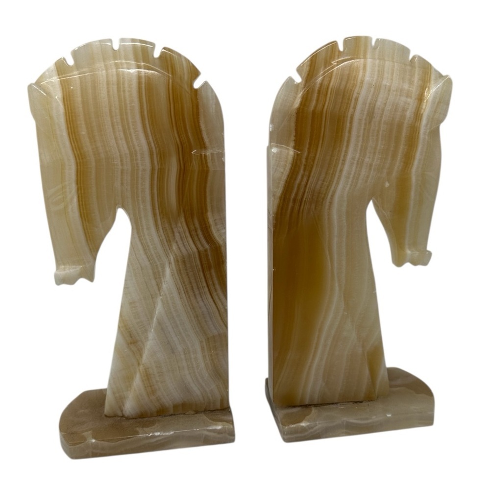 Vintage Trojan Horse Head Bookends Carved Onyx Marble Book End PAIR Chess Knight